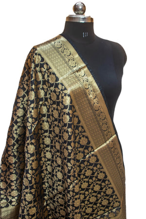 Black Handloom Pure Katan Silk Banarasi Dupatta