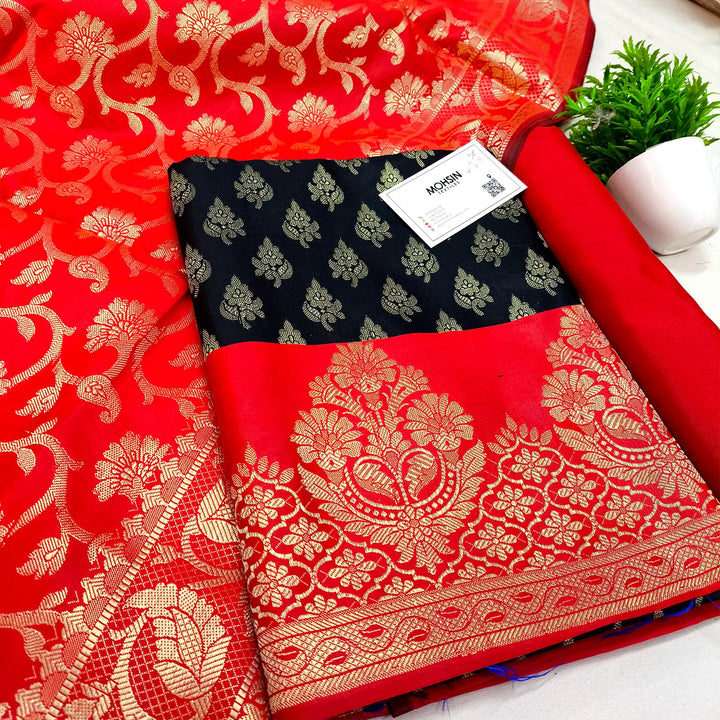 Black and Red Contrass Satin Silk Banarasi Suit