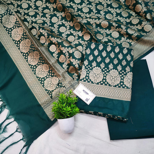 Katan Silk Exquisite Handcrafted Green Suit (T+B+D)