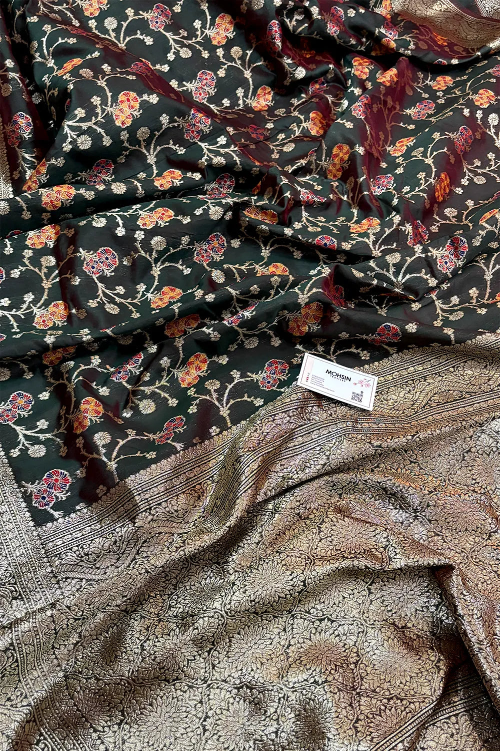 Bottle Green Golden Zari Silky Banarasi Saree