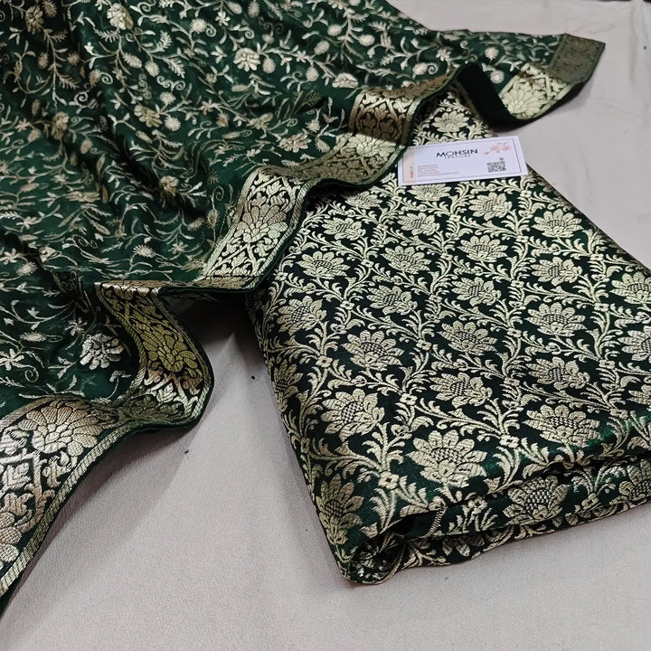 Bottle Green Golden Zari Kimkhab Silk Banarasi Gharara