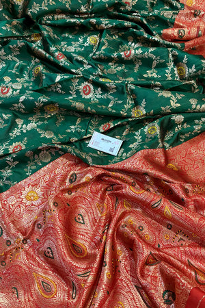 Bottle Green and Maroon Resham Zari Silky Banarasi Saree