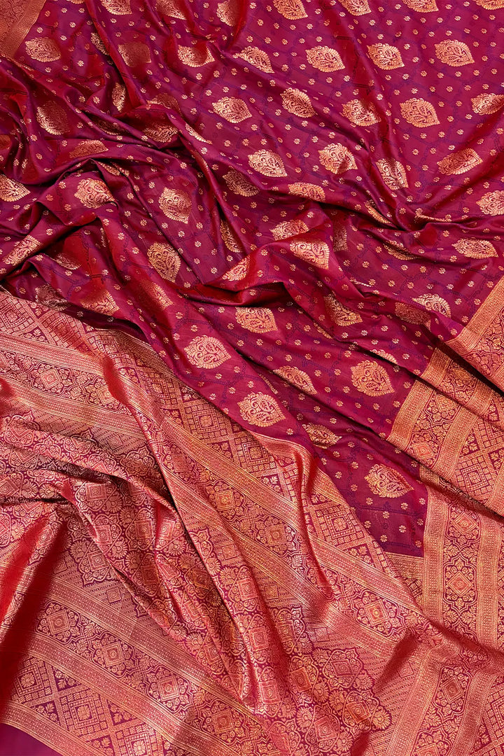 Dark Magenta Antique Zari Satin Silk Banarasi Saree