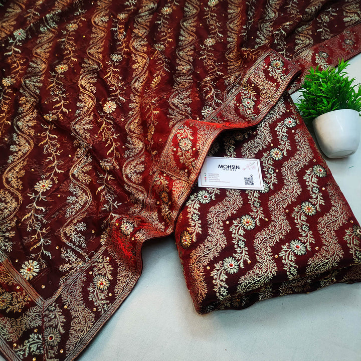 Dark Maroon Leheriya Stone Kimkhab Silk Banarasi Gharara