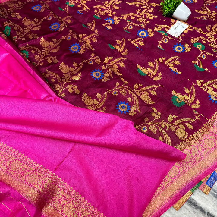 Dark Marron and Pink Contrass Dupion Silk Banarasi Saree