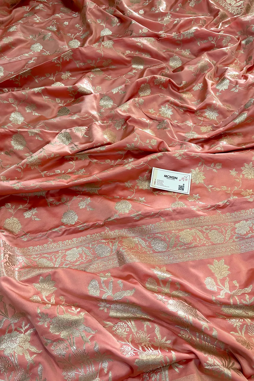 Dark Peach Kesari Jaal Katan Silk Banarasi Saree