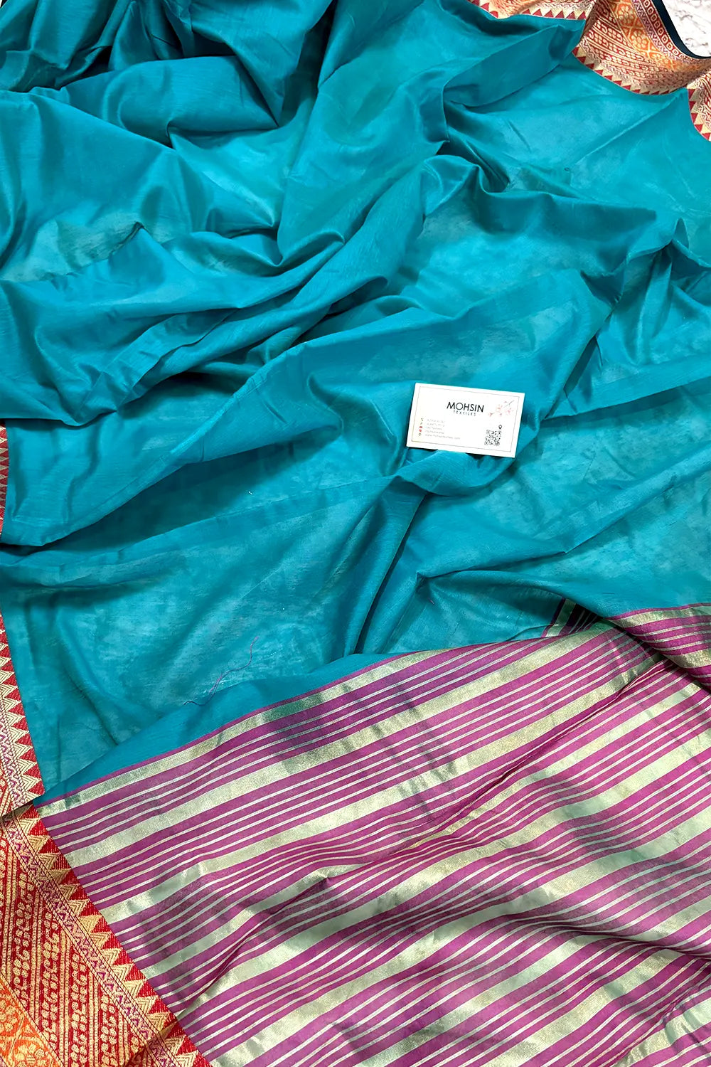 Firozi and Pink Cotton Silk Banarasi Saree