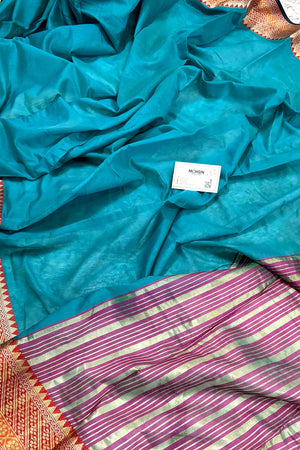 Firozi and Pink Cotton Silk Banarasi Saree