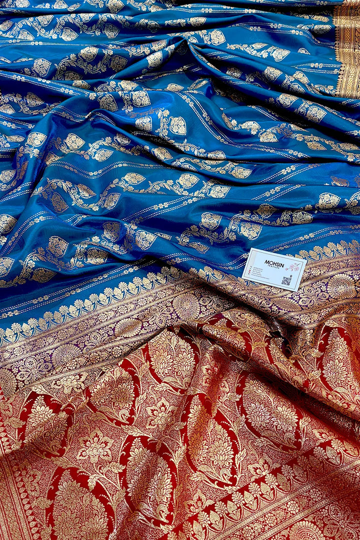 Firozi and Red Latar Patti Katan Silk Banarasi Saree