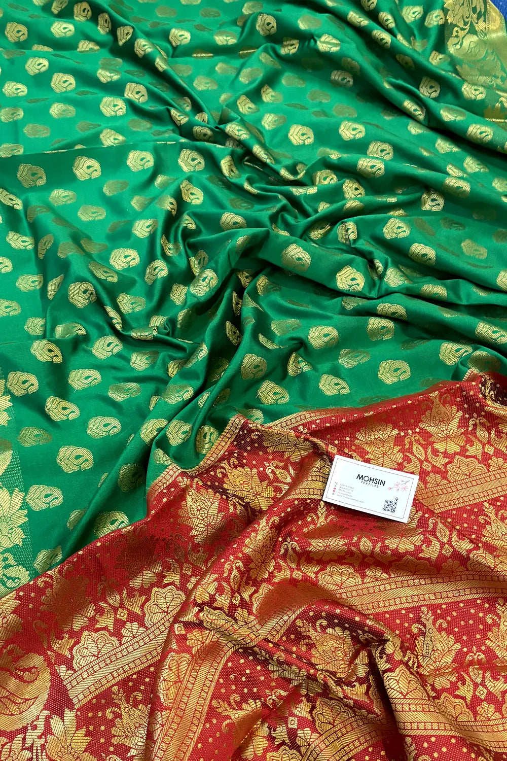 Green and Red Golden Zari Satin Silk Banarasi Saree