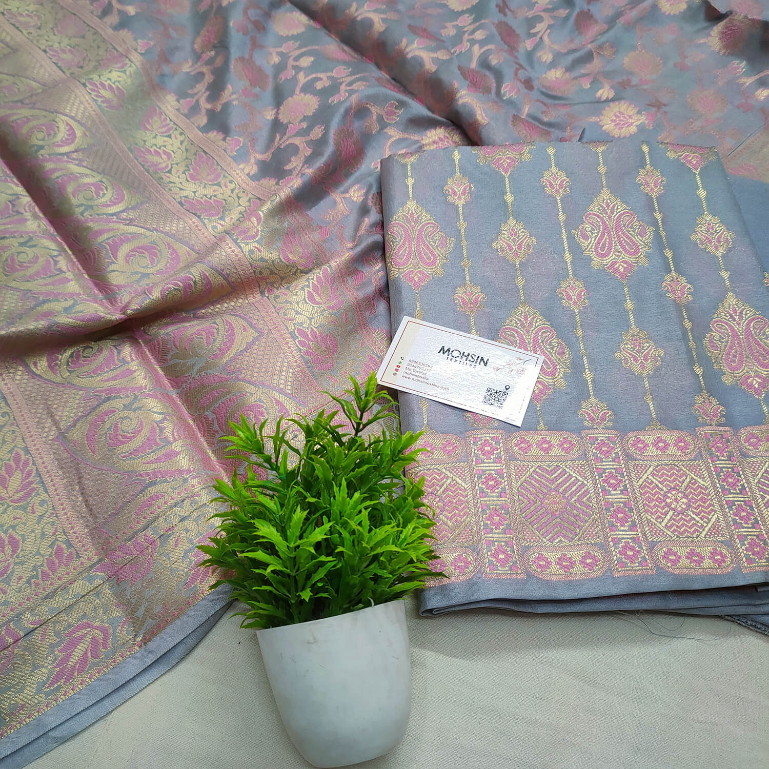 Grey Pink Meena Katan Silk Banarasi Suit