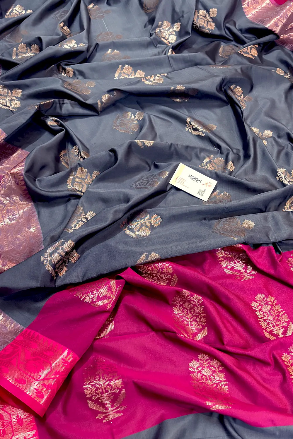 Grey and Pink Golden Zari Banarasi Silk Saree