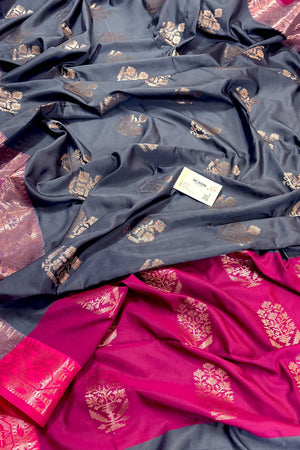 Grey and Pink Golden Zari Banarasi Silk Saree