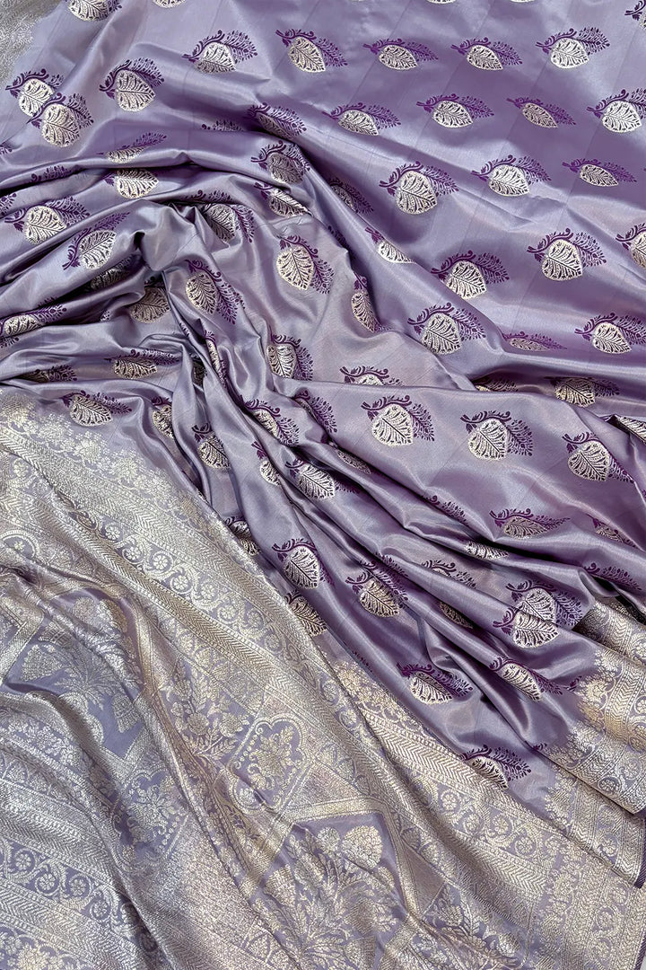 Lavender Golden Zari Satin Silk Banarasi Saree