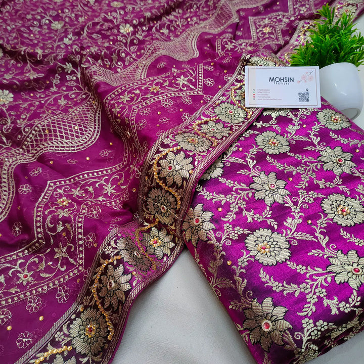 Magenta Stone Work Kimkhab Silk Banarasi Gharara