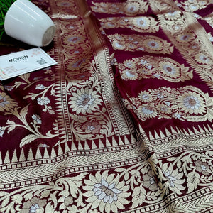 Maroon Ganga Jamuna Crepe Silk Banarasi Saree