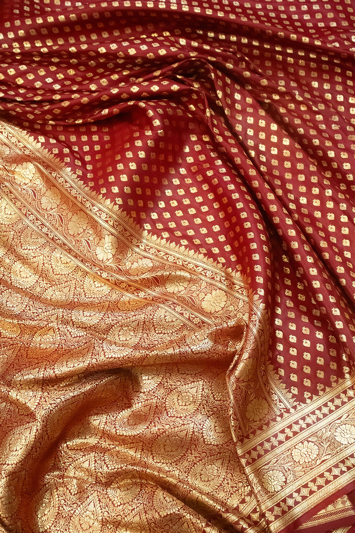 Maroon Golden Paan Katan Silk Banarasi Saree