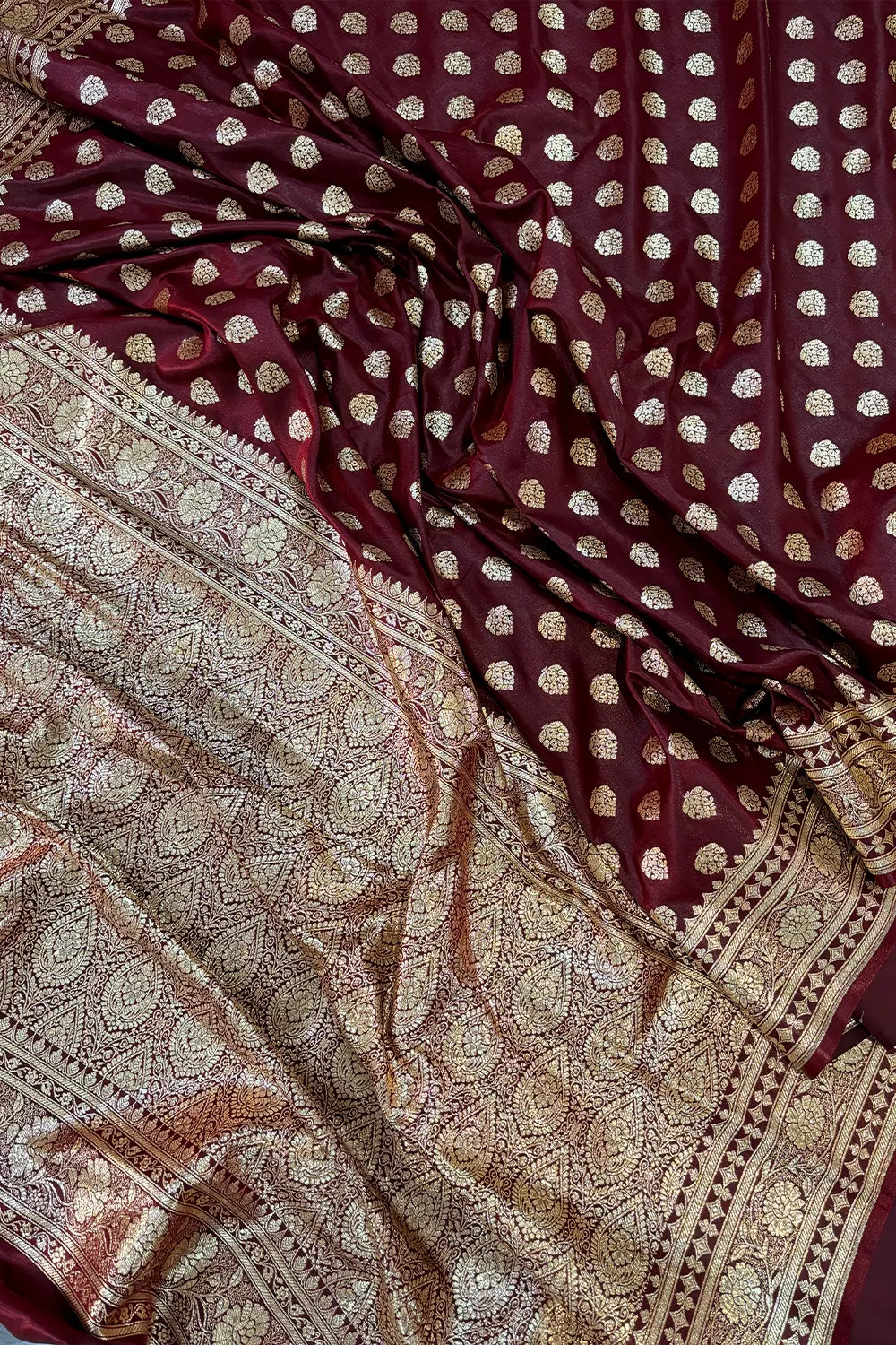 Maroon Golden Zari Katan Silk Banarasi Saree
