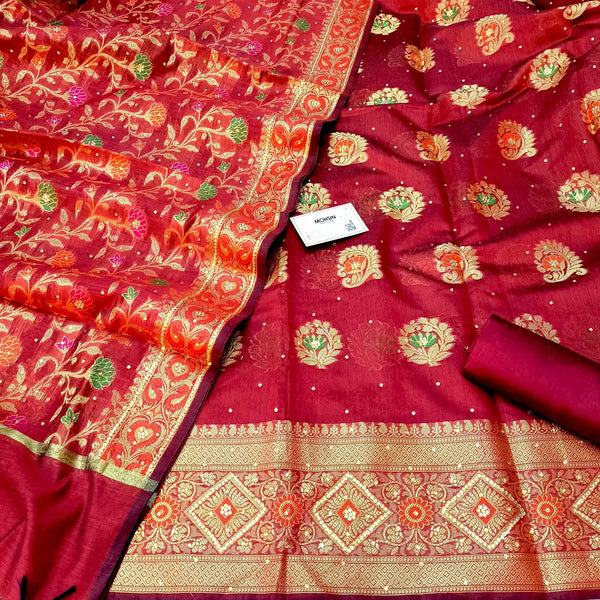 Maroon Katta Patta Stone Banarasi Silk Suit