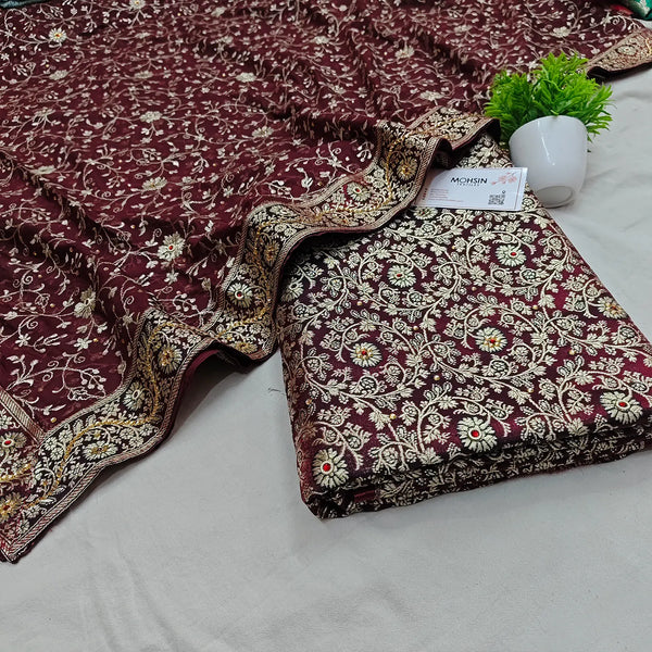 Wine Stone Work Kimkhab Silk Banarasi Gharara