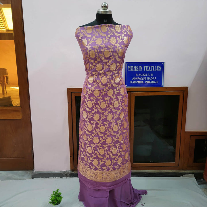 Mauve Pure Khaddi Georgette Silk Banarasi Suit