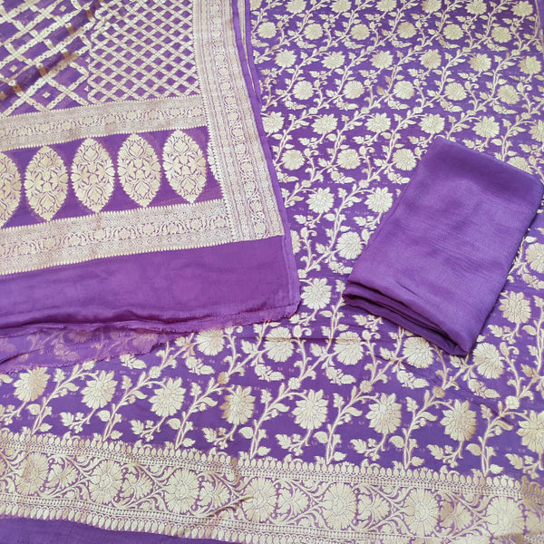 Mauve Pure Khaddi Georgette Silk Banarasi Suit