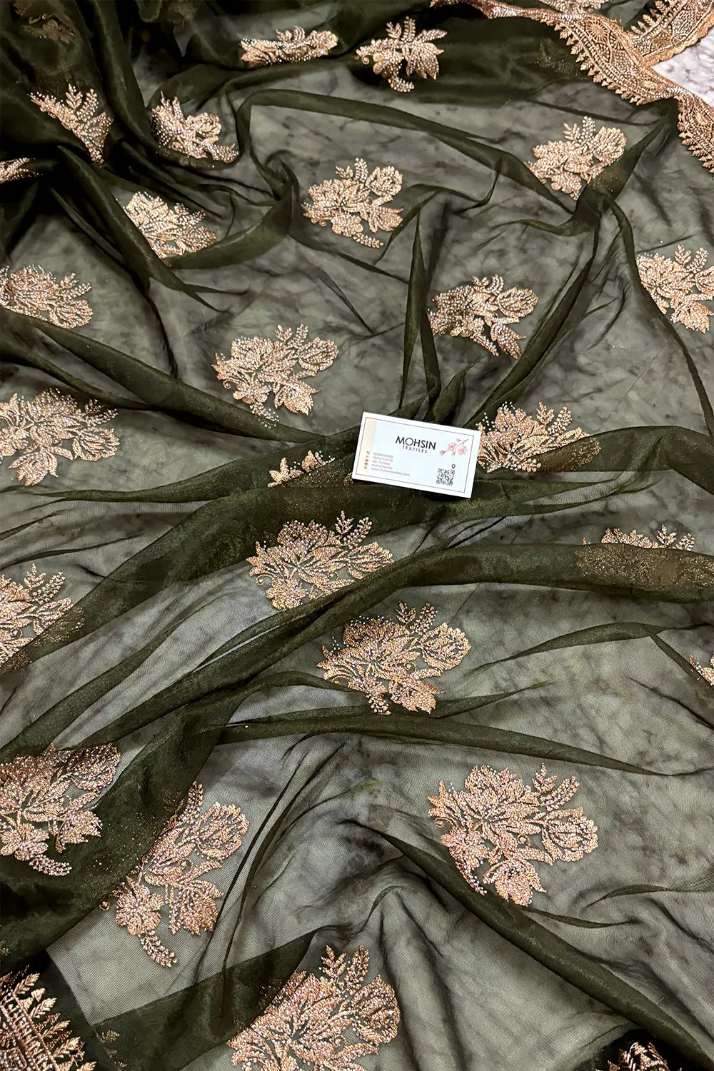 Mehendi Embordiery Siroski Work Silk Saree