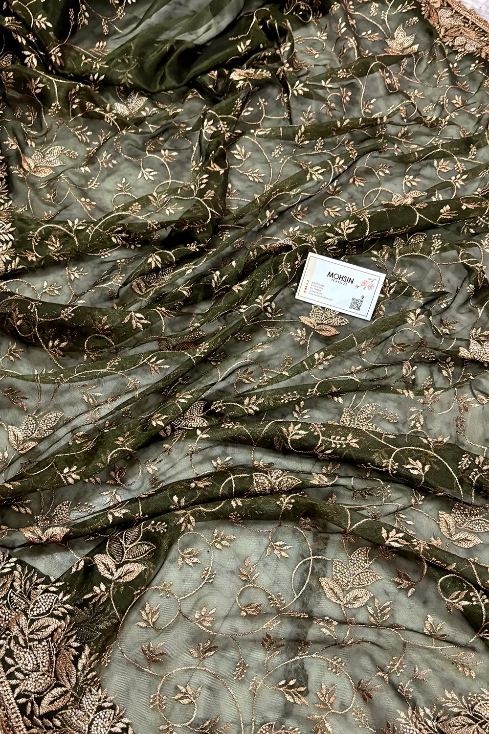 Mehendi Embordiery Siroski Work Silk Saree