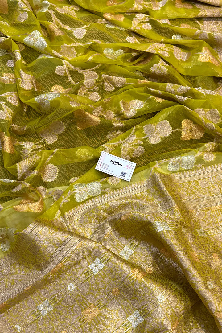 Mehendi Golden Zari Organza Silk Banarasi Saree