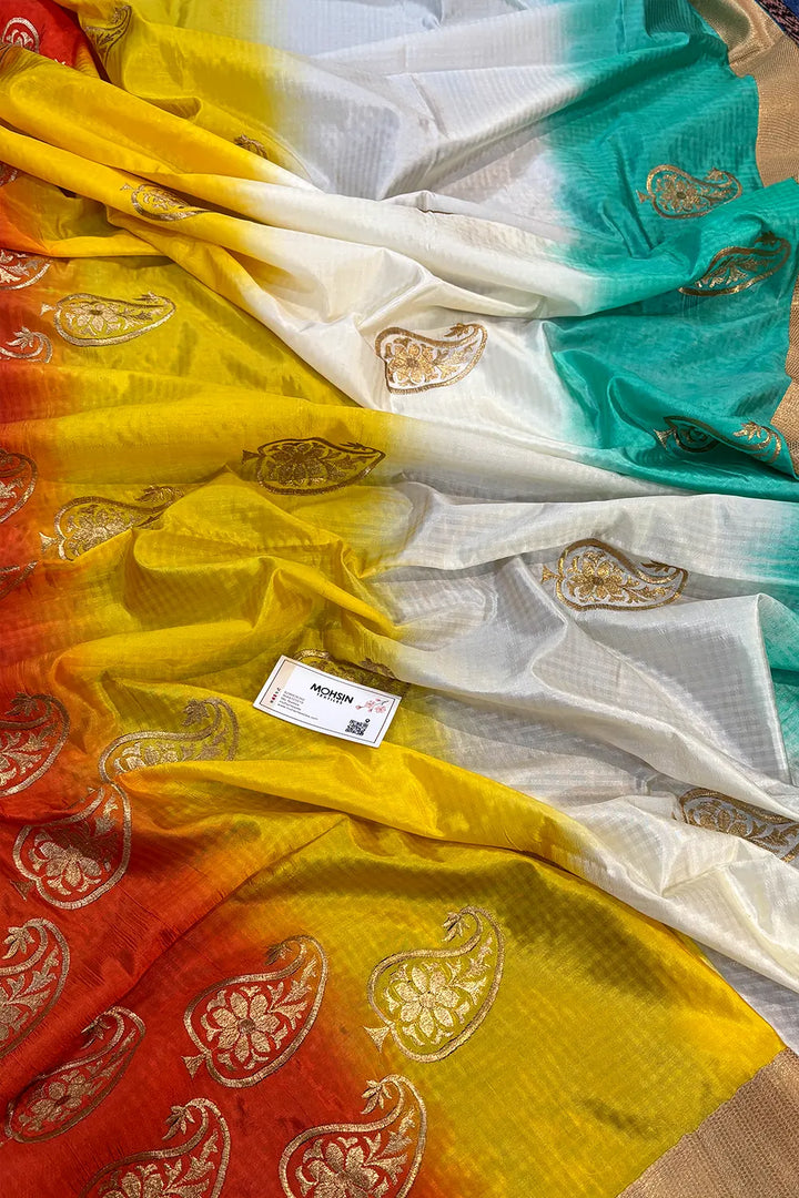 Multi Color Embroidery Work Satin Silk Banarasi Saree