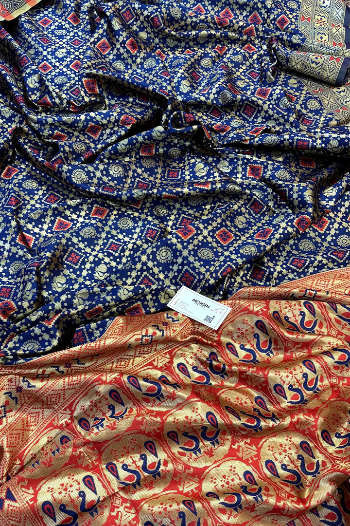 Navy Blue and Maroon Silky Banarasi Saree