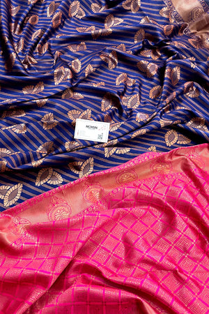 Navy Blue and Pink Resham Zari Banarasi Silk Saree