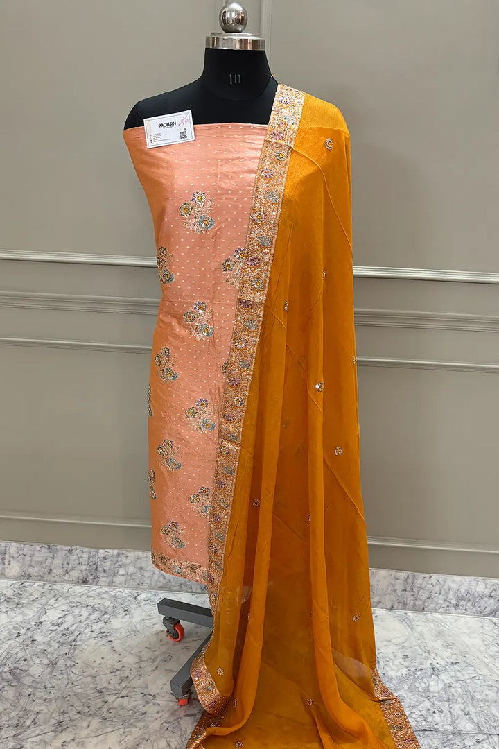 Orange Golden Zari Katan Silk Banarasi Suit