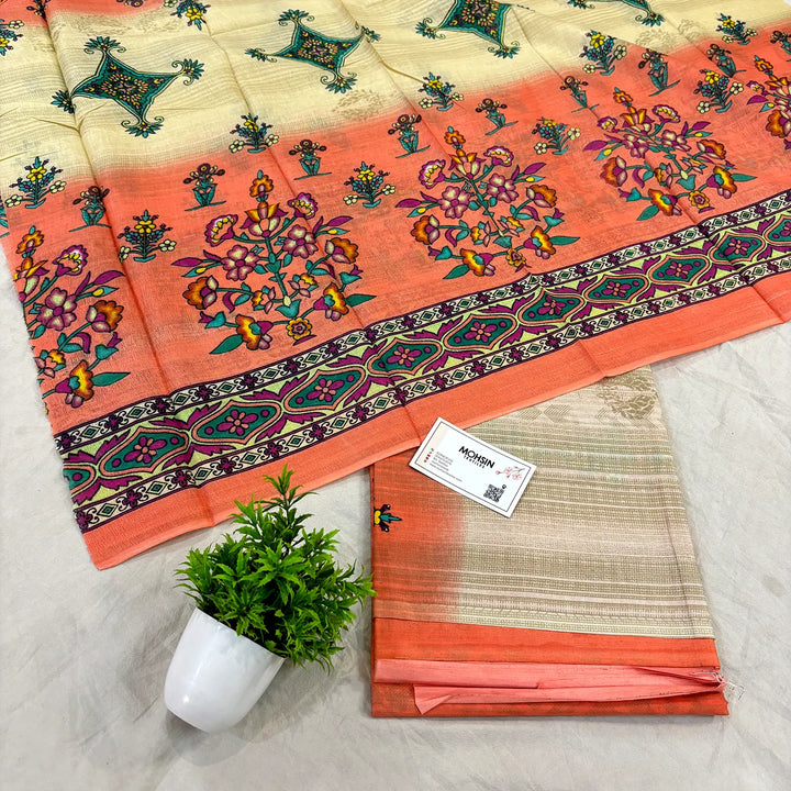 Orange and Beige Printed Cotton Silk Salwar Suit