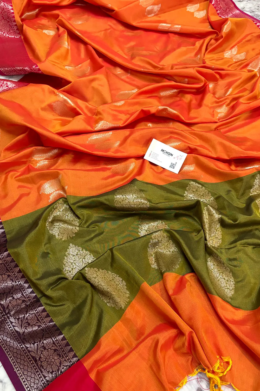 Orange and Mehendi Golden Zari Banarasi Silk Saree