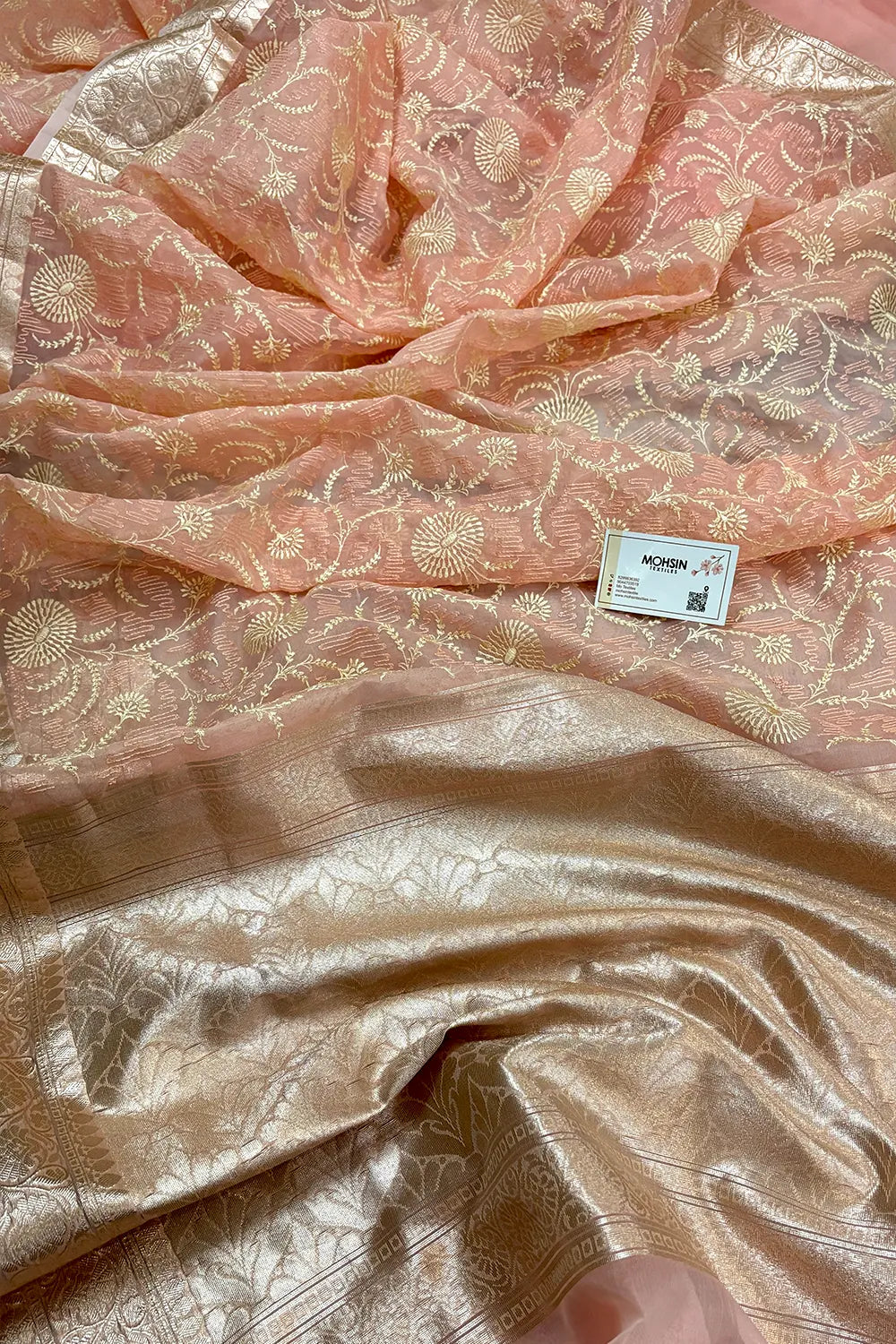 Peach Embroidery Organza Silk Banarasi Saree