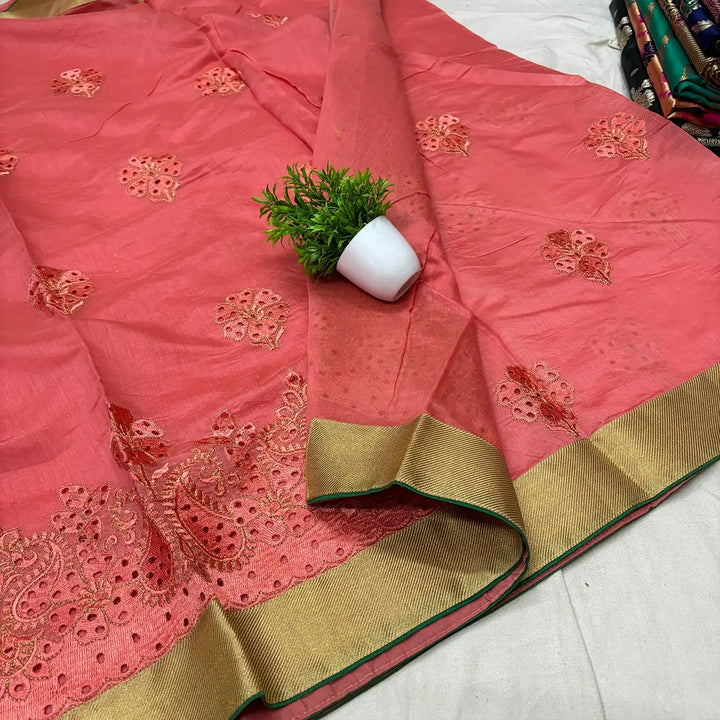 Peach Embroidery Work Cotton Silk Banarasi Saree