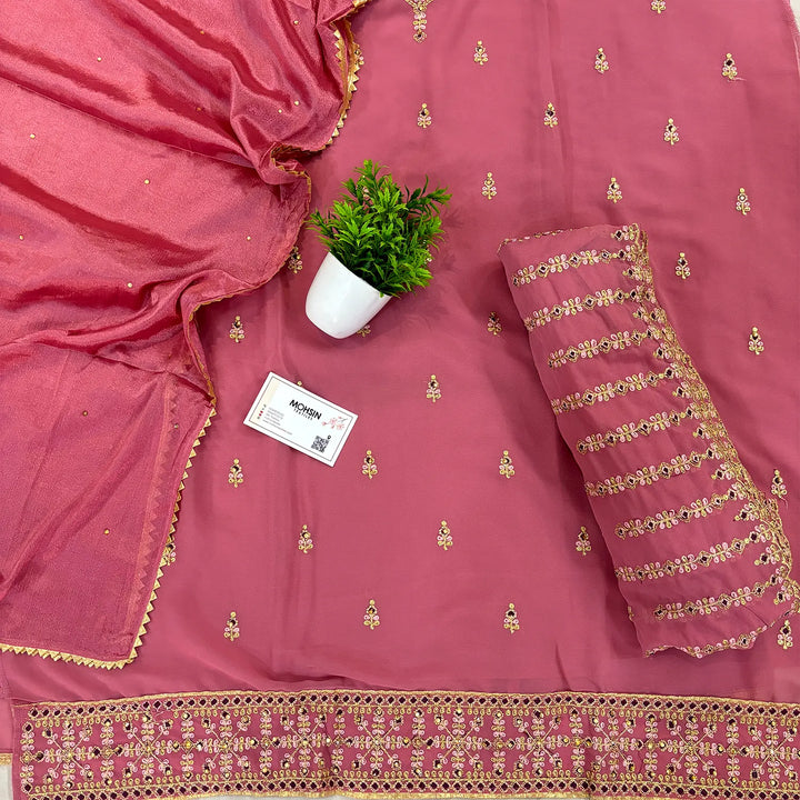 Peach Golden Zari Crepe Silk Salwar Suit