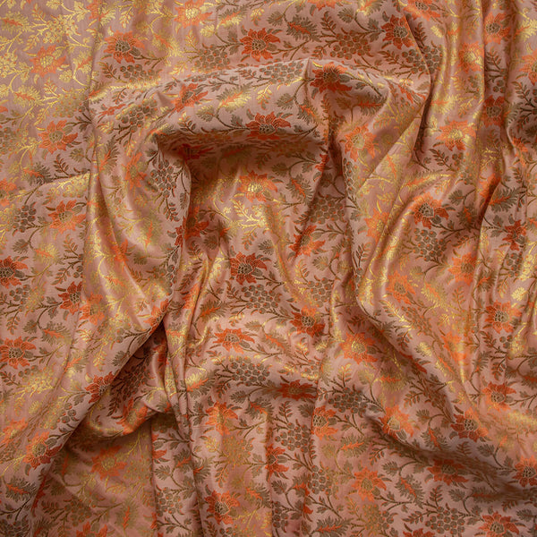 Peach Handloom Katan Brocade Silk Fabric