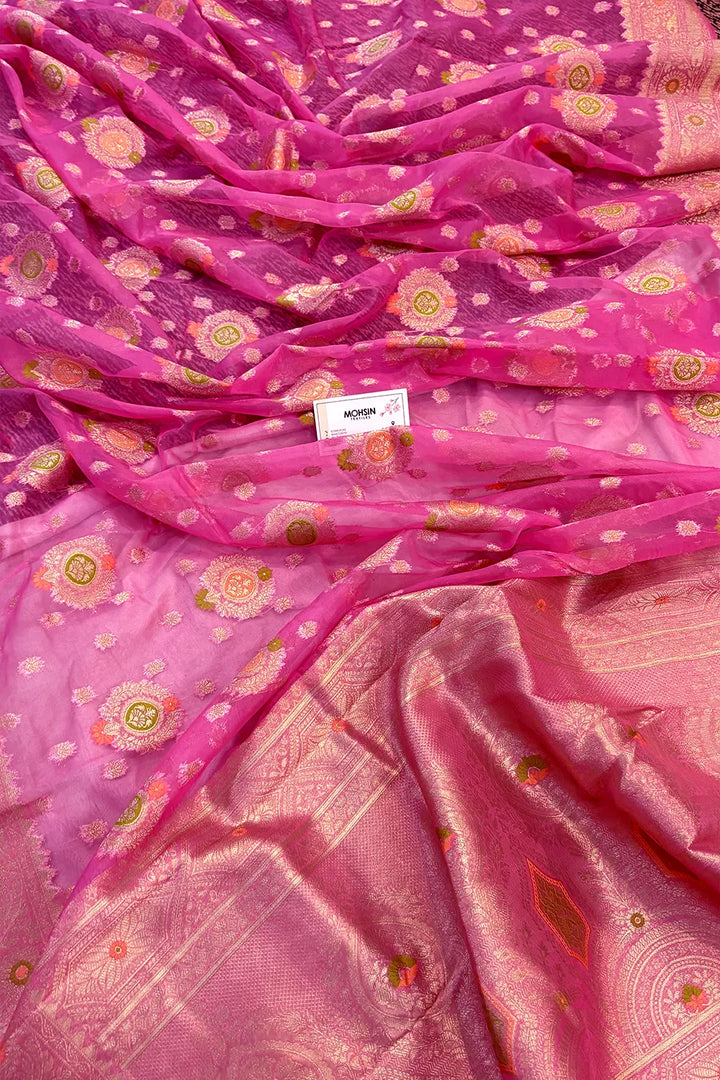 Pink Golden Zari Organza Silk Banarasi Saree