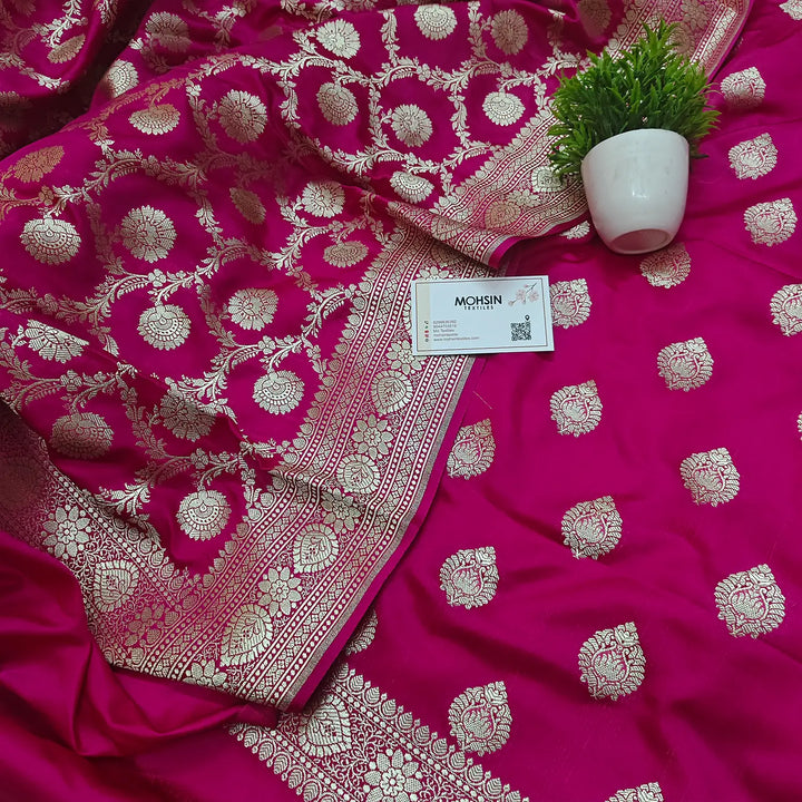 Pink Pure Handloom Katan Silk Banarasi Suit