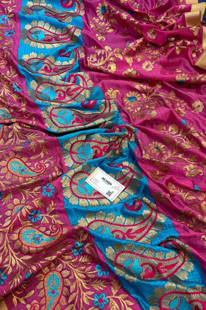 Pink and Firozi Embroidery Silky Banarasi Saree