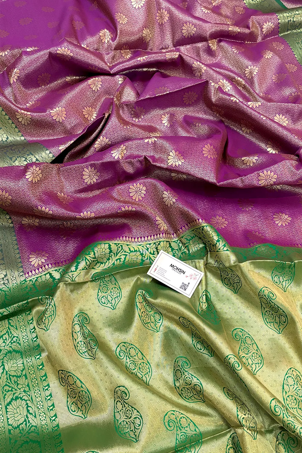 Pink and Green Brocade Banarasi Silk Saree
