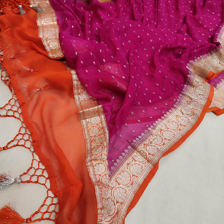 Pink and Orange Handloom Georgette Banarasi Dupatta