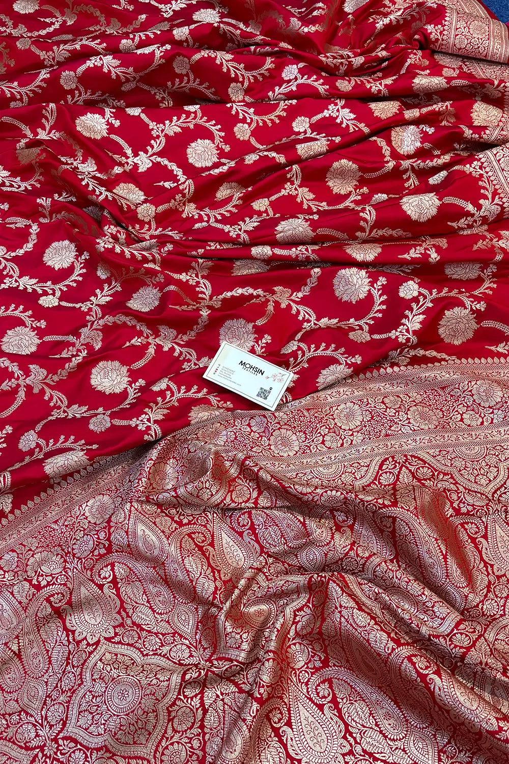 Pinkish Red Laabela Jaal Katan Silk Banarasi Saree