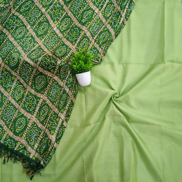 Pista Plain Banarasi Silk Suit With Green Bandhej Printed Dupatta