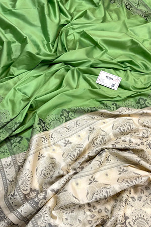 Pista and Beige Plain Resham Silk Banarasi Saree