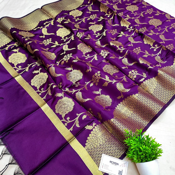 Purple Golden Zari Satin Silk Banarasi Dupatta