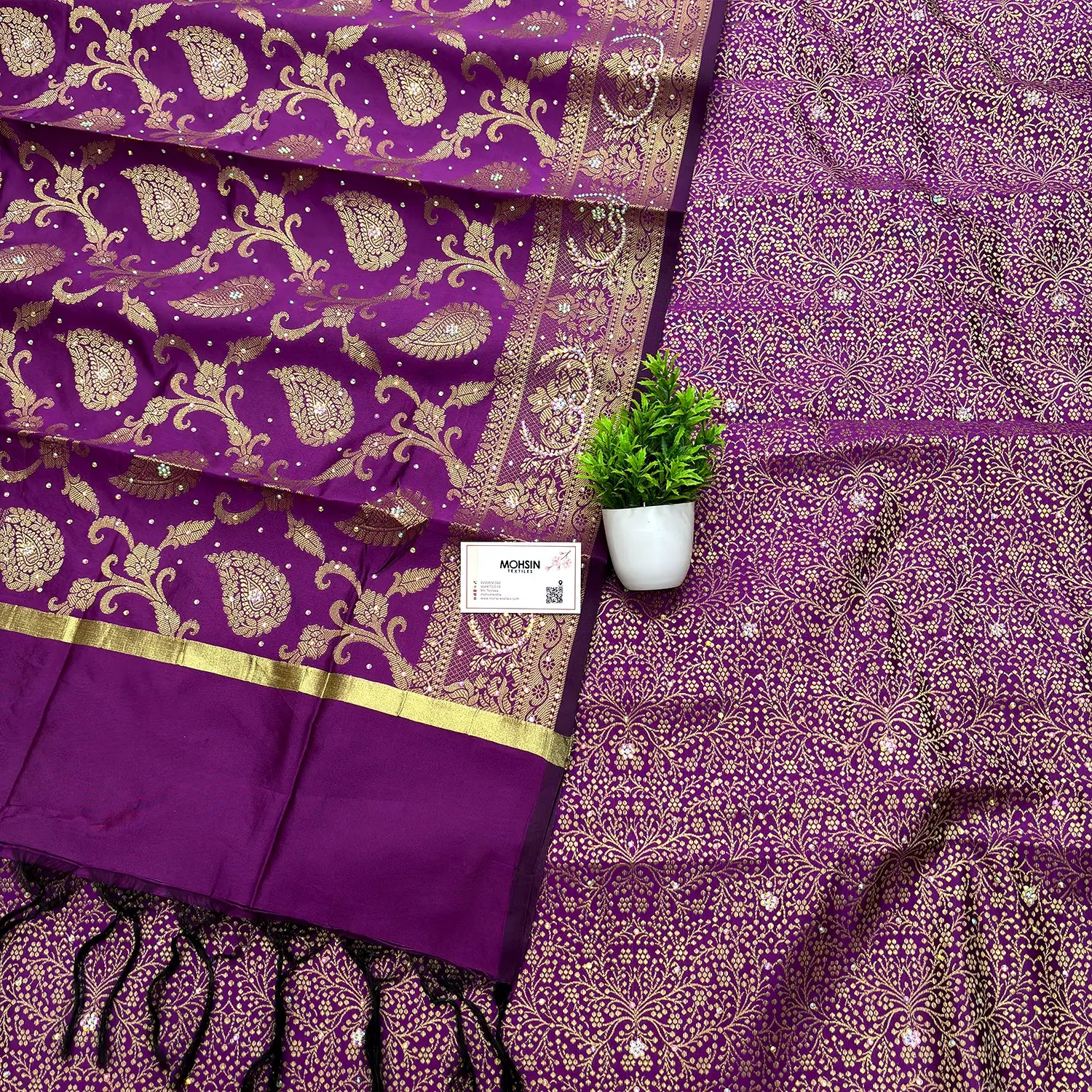 Purple Stone Work Dhaniya Satin Silk Banarasi Suit – Mohsin Textiles