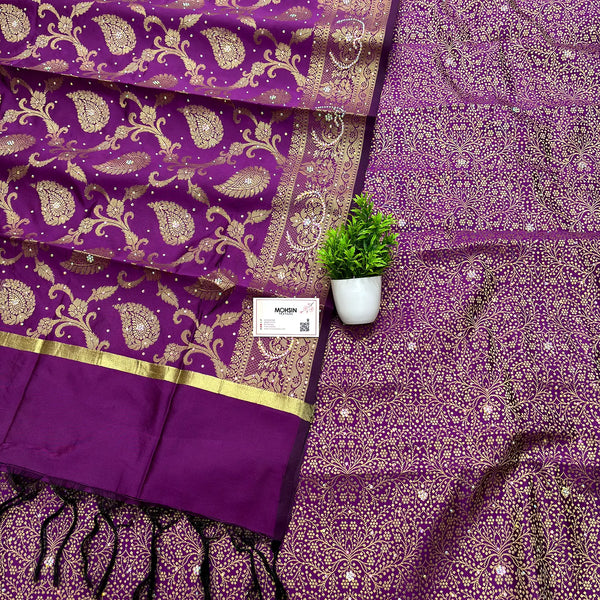 Purple Stone Work Dhaniya Satin Silk Banarasi Suit